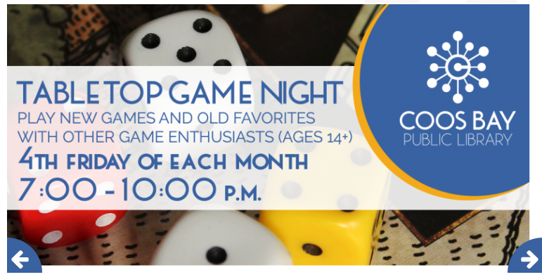 Coos Bay Public Library's Tabletop Game Night Slide